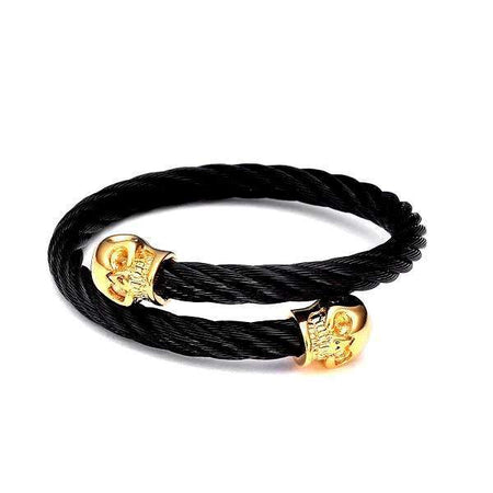 Bracelet acier noir homme jonc torsade métallique crânes dorés sculptés