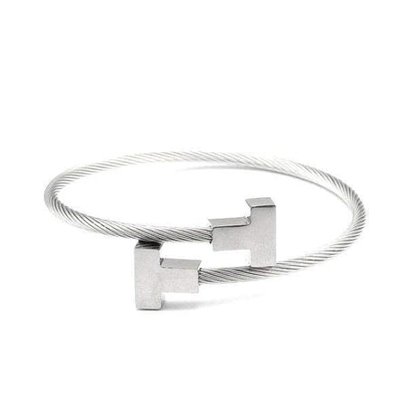Bracelet acier pour homme pas cher jonc câble torsadé terminaisons T argentées