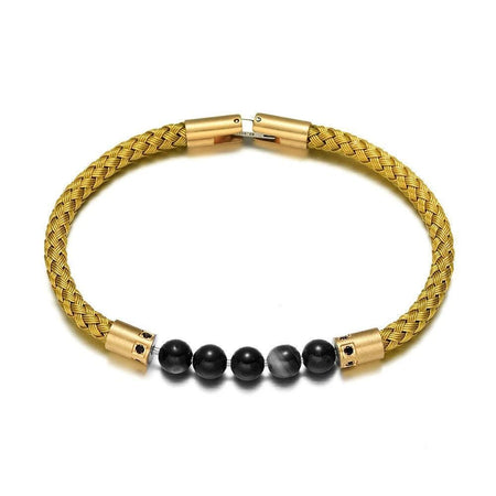 Bracelet acier tressé homme inox doré avec cinq perles noires veinées fermoir brossé