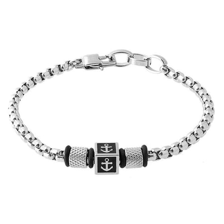 Bracelet homme argent maillons gourmette avec cubes noirs ornés d'ancres marines argentés et anneaux texturés