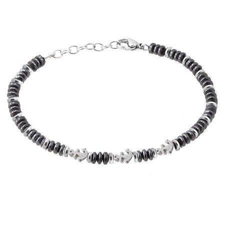 Bracelet ancre homme perles noires argentées motifs nautiques fermoir mousqueton style marin