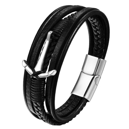 Bracelet homme cuir noir tressé avec ancre argentée maritime et fermoir cylindrique