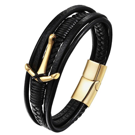 Bracelet homme cuir noir tressé avec ancre dorée maritime et fermoir cylindrique