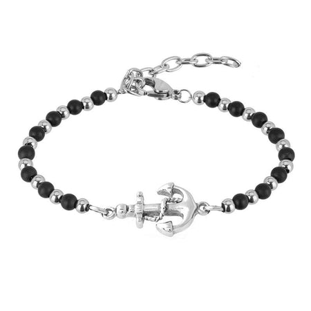 Bracelet homme ancre marine perles noires mates et éléments métalliques argentés style nautique