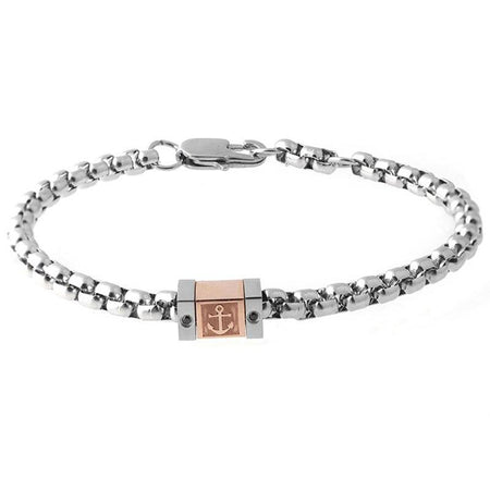 Bracelet ancre homme argent à double chaîne métallique avec détails cuivre et fermoir mousqueton sécurisé