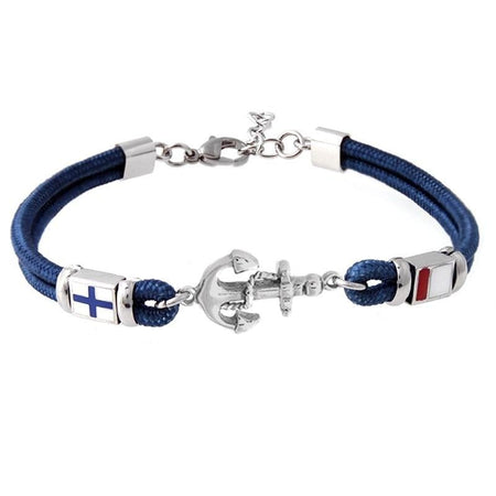 Bracelet homme cordons tressés bleu marine avec ancre métallique et drapeaux nautiques émaillés fermoir mousqueton
