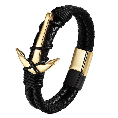 Bracelet homme cuir noir tressé avec ancre dorée métallique et fermoir bicolore marin