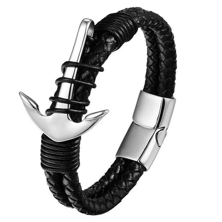 Bracelet homme cuir noir tressé avec ancre argentée métallique et fermoir cylindrique