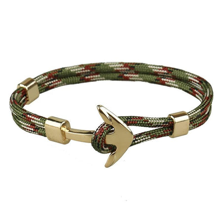 Bracelet homme ancre dorée sur cordon tressé tricolore style marin nautique
