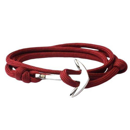 Bracelet homme cordon rouge vif multitour avec ancre marine argentée, fermoir métallique ingénieux style nautique