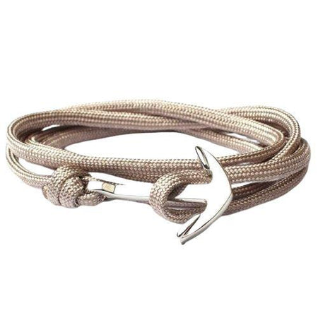 Bracelet homme cordon beige multitour avec ancre marine argentée, fermoir métallique style nautique