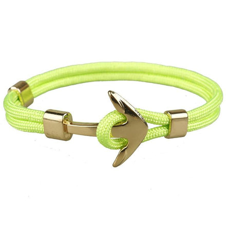Bracelet ancre marine cordon jaune fluo et fermoir ancre dorée style nautique homme
