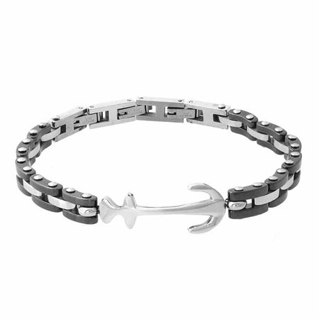 Bracelet ancre marine homme en acier bicolore avec maillons alternés argent et noir
