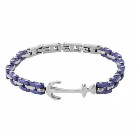 Bracelet ancre marine homme en acier bicolore avec maillons alternés argent et bleu