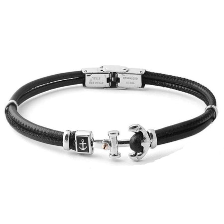 Bracelet homme cuir noir avec ancre métallique argentée et cube gravé thème nautique