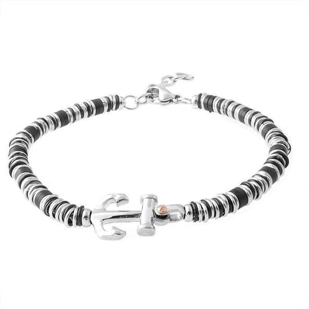 Bracelet ancre homme rondelles alternées noir argenté avec vis cuivrée et fermoir ajustable
