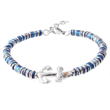 Bracelet ancre homme rondelles alternées bleu argenté avec vis cuivrée et fermoir ajustable