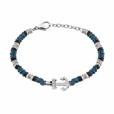 Bracelet homme acier ancre marine perles tricolores argenté noir bleu fermoir mousqueton