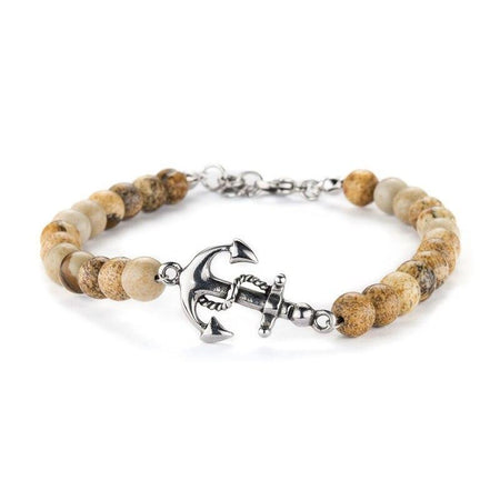 Bracelet homme ancre marine argentée avec perles marbrées beiges et brunes, chaîne ajustable