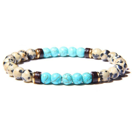 Bracelet avec perles pour homme turquoises marbrées anneaux métallisés dorés