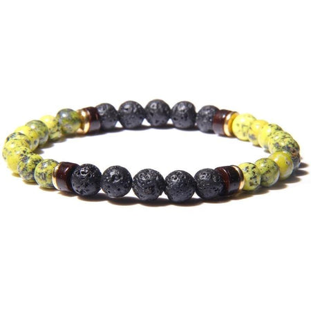 Bracelet avec perles pour homme noires rugueuses jaunes marbrées anneaux métallisés dorés
