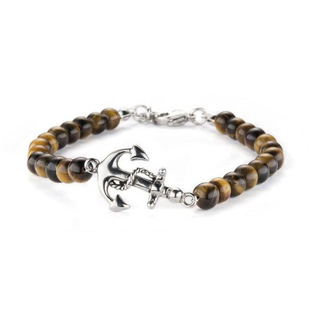 Bracelet homme ancre argentée gravée corde sur perles marbrées dorées brunes style nautique