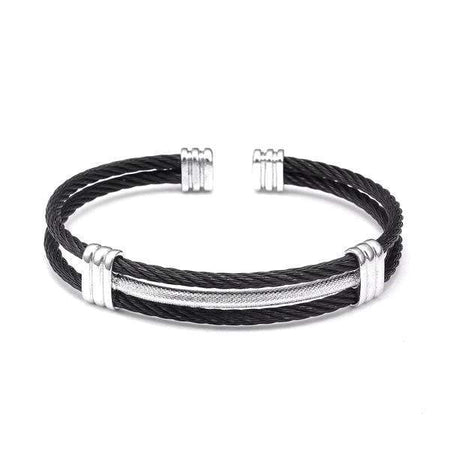 Bracelet câble acier noir homme jonc ouvert torsadés anneaux striés argentés