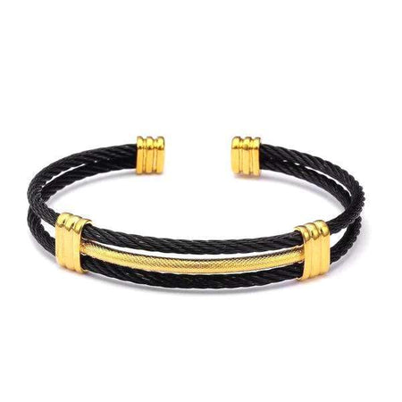 Bracelet câble acier noir homme jonc ouvert torsadés anneaux striés dorés