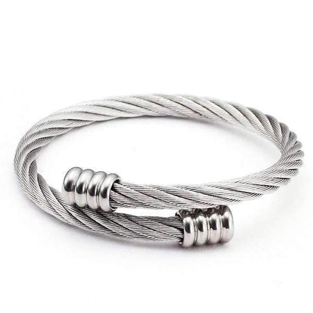 Bracelet câble acier pour homme torsadé finition argentée extrémités cylindriques