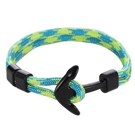 Bracelet corde tressée jaune et bleu avec ancre noire mate, fermoir fonctionnel style nautique masculin