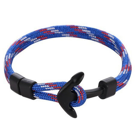 Bracelet corde tressée tricolore avec ancre noire mate, fermoir fonctionnel style nautique masculin