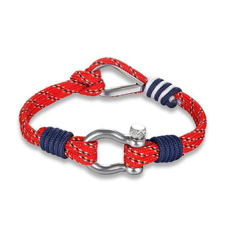 Bracelet cordon manille bigarré rouge étrier métallique argenté