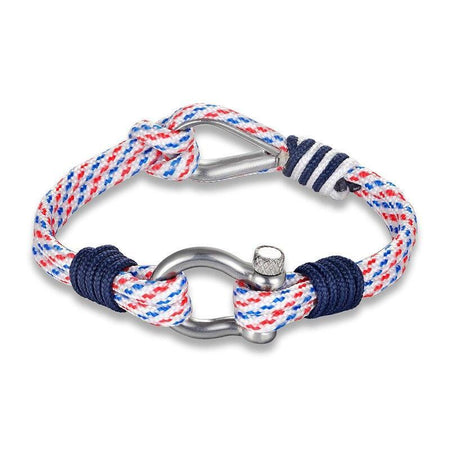 Bracelet cordon manille bigarré blanc étrier métallique argenté