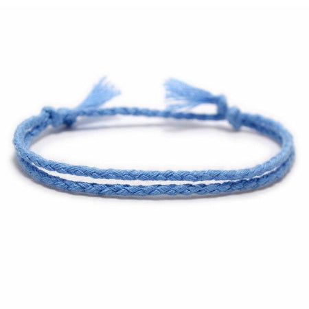 Bracelet cordon bleu ciel textile souple tressage parallèle nœud coulissant ajustable
