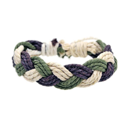 Large bracelet cordon fait main tressé trois couleurs vert olive beige violet