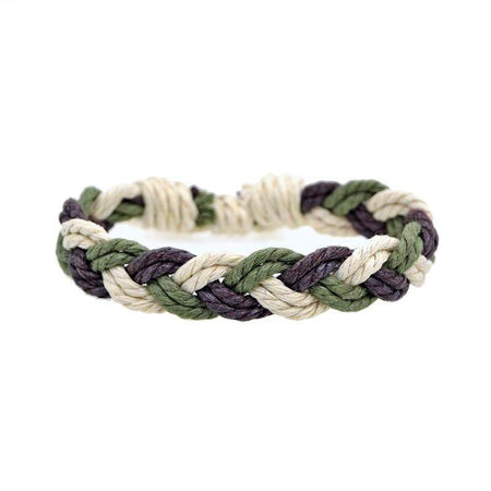 Bracelet cordon fait main tressé trois couleurs vert olive beige violet