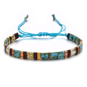 Bracelet cordon homme miyuki turquoise perles mosaïque contemporaine segments dorés cordon azur