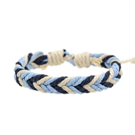 Bracelet cordon brésilien tressage manuel trois fils bleu marine bleu ciel blanc cassé