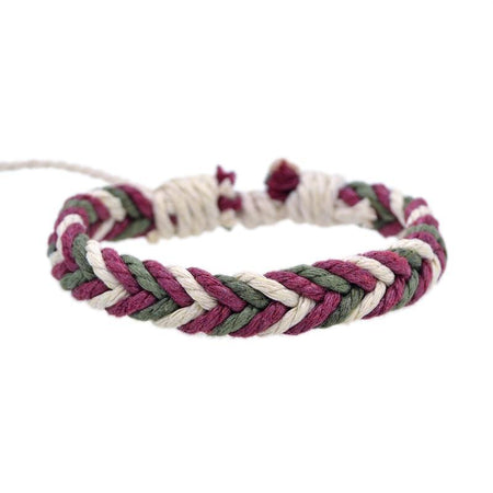 Bracelet cordon brésilien tressage manuel trois fils bordeaux blanc cassé vert olive