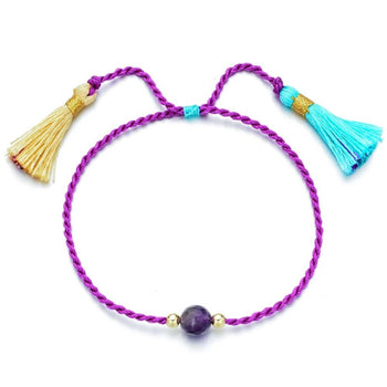 Bracelet cordon perle violette corde torsadé violet avec 2 petites sphères dorées et pompons turquoise beige