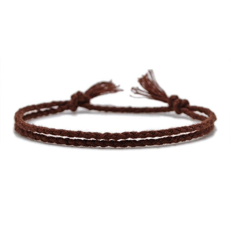 Bracelet cordon porte bonheur deux fils tressés brun nœuds coulissants franges