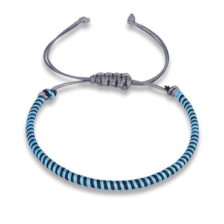 Bracelet cordon tressage bicolore noir bleu motif spirale nœud coulissant gris