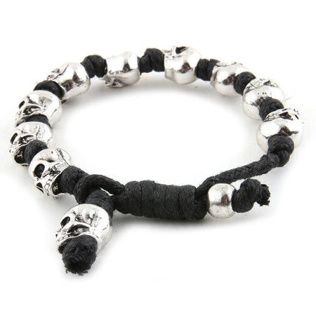 Bracelet cordon tête de mort noir crânes métalliques finition argentée fermoir coulissant