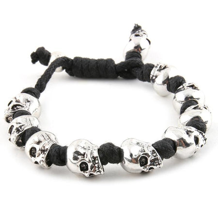 Bracelet cordon tête de mort fil noir crânes métalliques finition argentée fermoir coulissant
