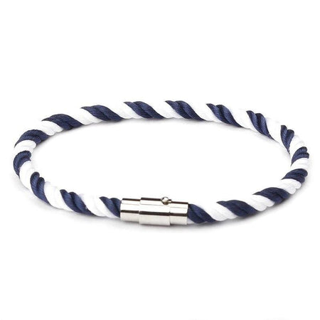 Bracelet cordon torsadé bicolore bleu et blanc fermoir cylindrique argenté