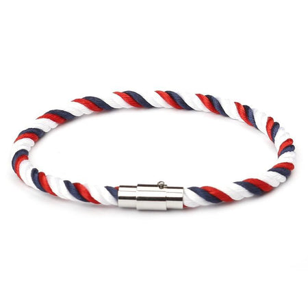 Bracelet cordon torsadé tricolore blanc rouge bleu marine fermoir cylindrique argenté