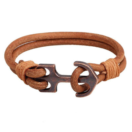 Bracelet cuir marron vintage avec fermoir ancre bronze patinée, style marin masculin épuré