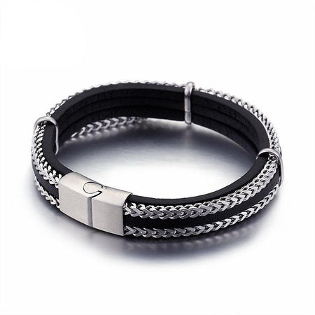 Bracelet cuir noir et chaînes argentées tressées avec fermoir rectangulaire pour homme moderne