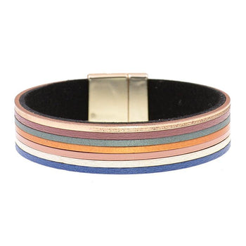 Bracelet cuir couleur femme bandes multicolores bleu bronze cuivre doré violet fermoir magnétique