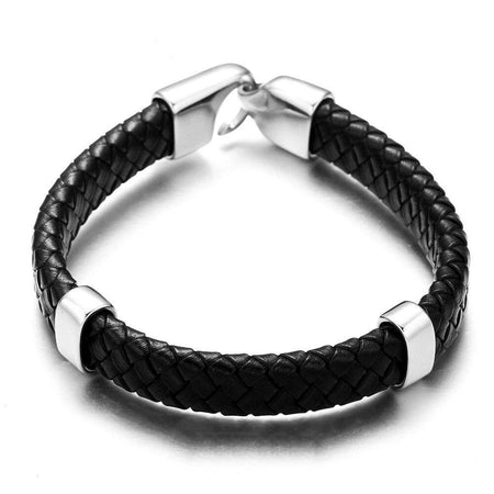 Bracelet cuir tressé noir avec deux anneaux acier argenté pour homme